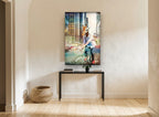 Giraffe Commuter animal canvas print on the wall of a hallway