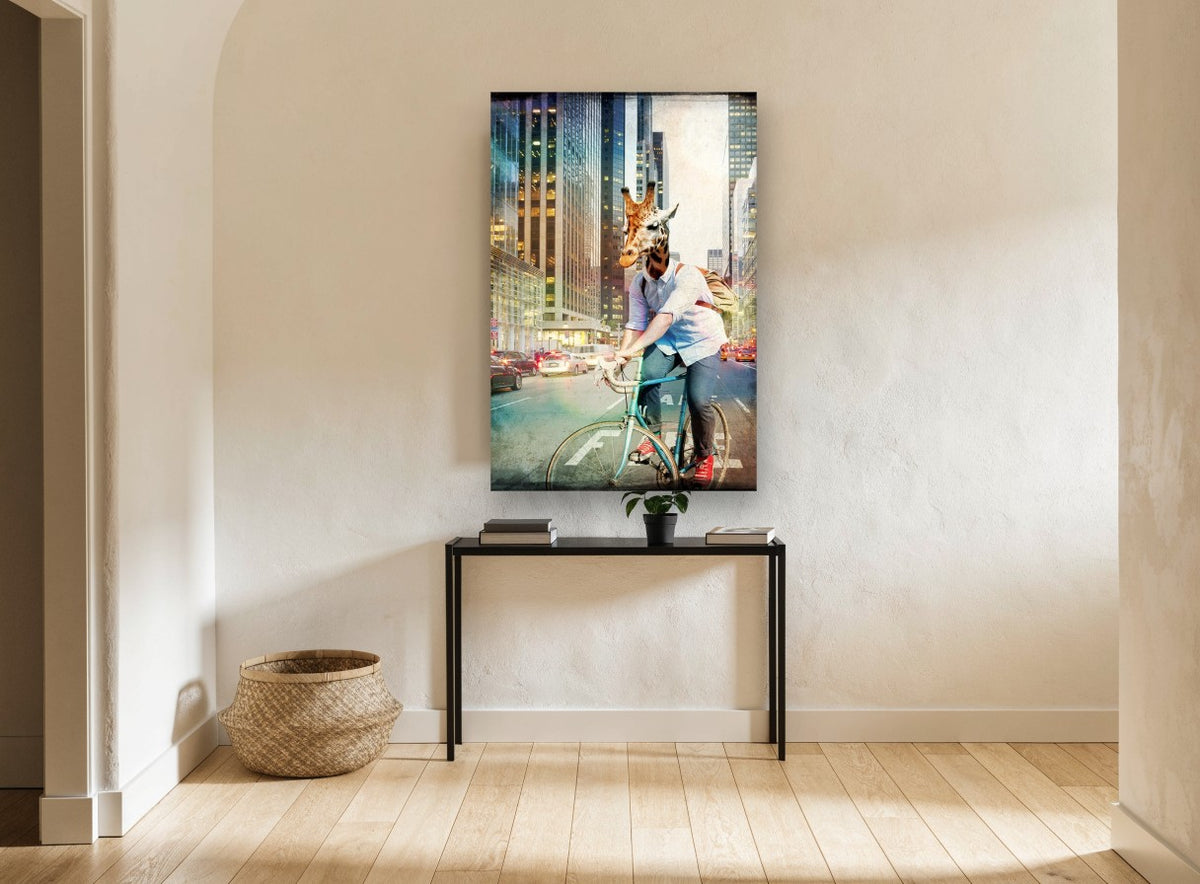 Giraffe Commuter animal canvas print on the wall of a hallway