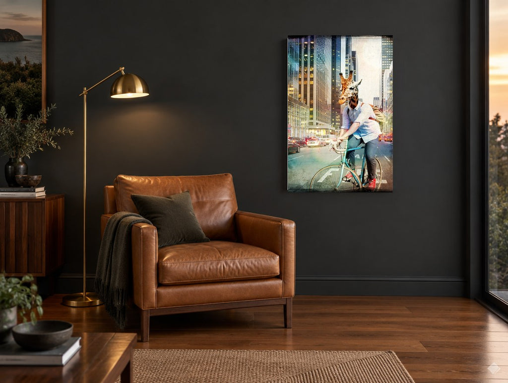 Giraffe Commuter animal canvas print on the wall of a charcoal living room