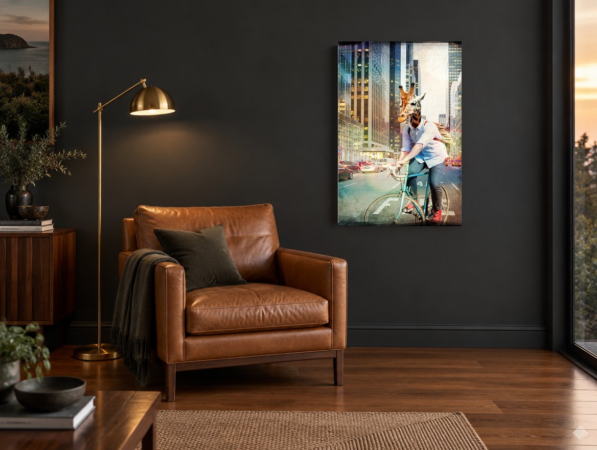 Giraffe Commuter animal canvas print on the wall of a charcoal living room