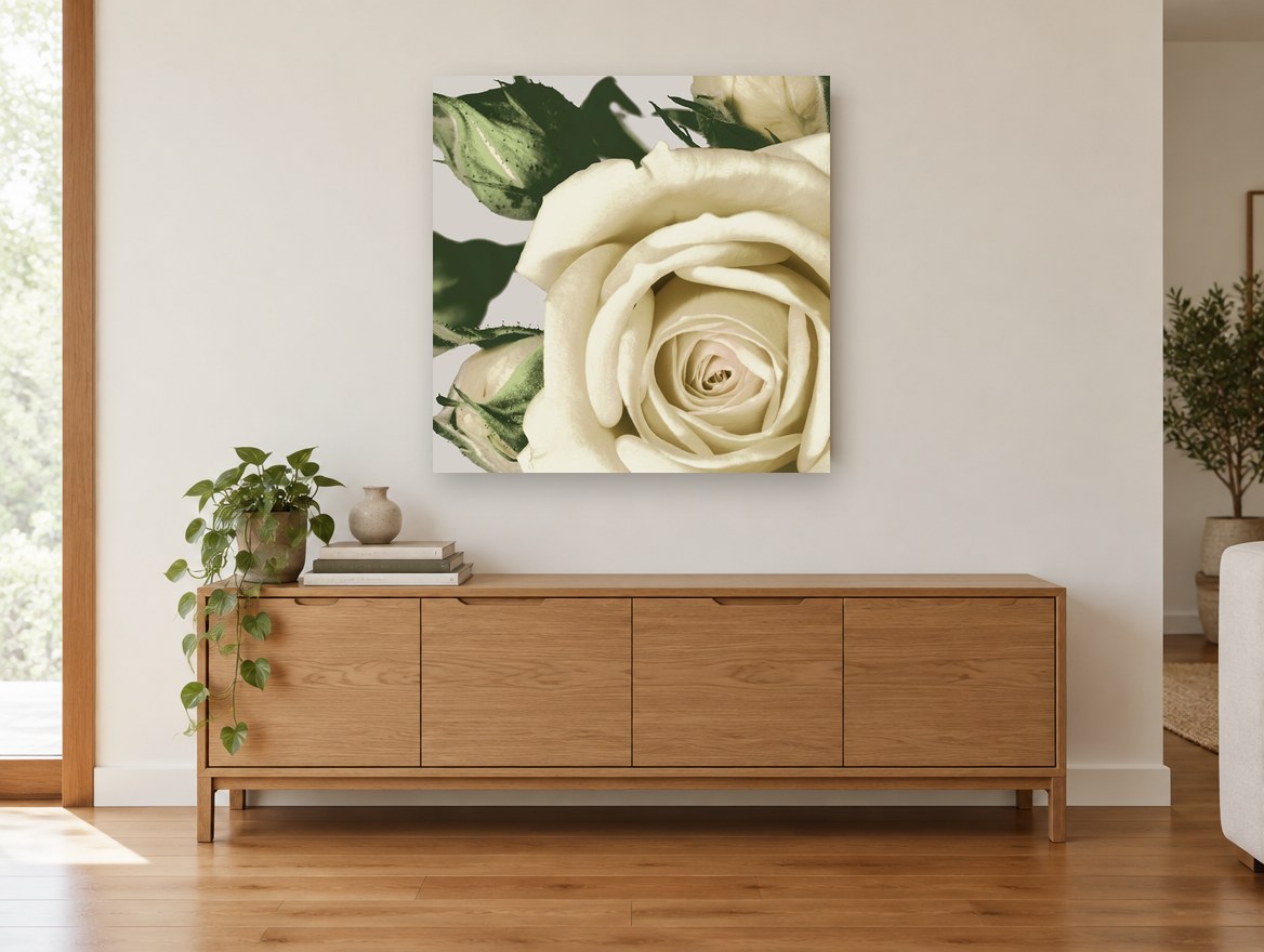 Cream Rose Unfurling floral canvas print on the wall of a living room above a sideboard