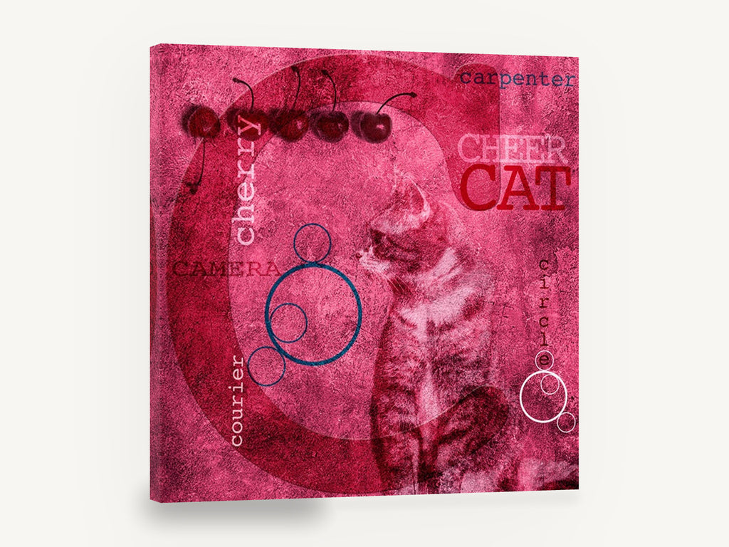 Cherry Cat Alphabet, pink cat cherries typography collage, kitchen canvas wall art print ready to hang