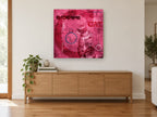 Cherry Cat Alphabet kitchen canvas print on the wall of a living room above a sideboard
