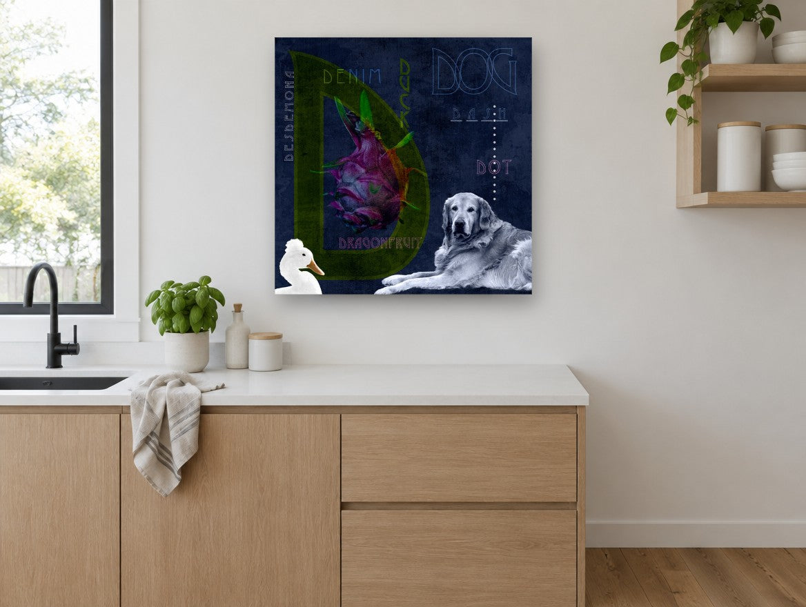 Dragonfruit Dog Alphabet kitchen canvas print on the wall of a kitchen