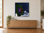 Dragonfruit Dog Alphabet kitchen canvas print on the wall of a living room above a sideboard