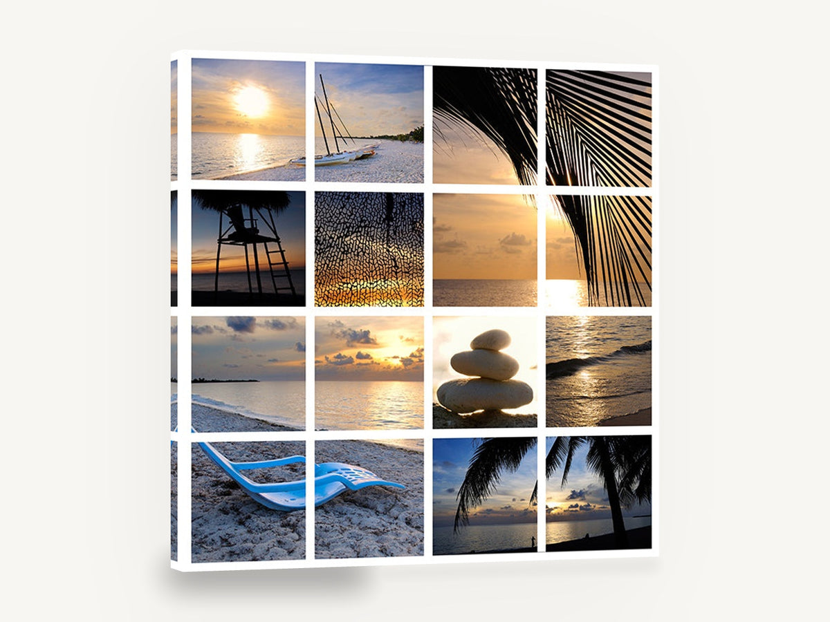 Tropical Sunset Grid, tropical beach sunset photo collage, coastal canvas wall art print ready to hang