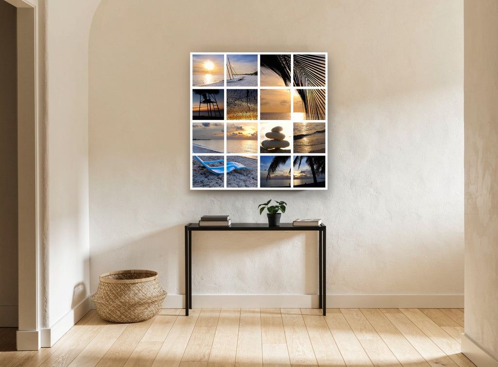 Tropical Sunset Grid coastal canvas print on the wall of a hallway