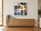 Tropical Sunset Grid coastal canvas print on the wall of a living room above a sideboard