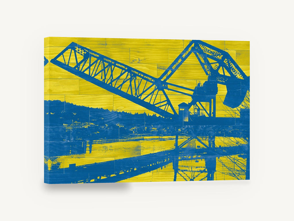 Blue Crane Yellow Planks, blue dock crane silhouette, coastal canvas wall art print ready to hang