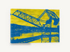 Blue Crane Yellow Planks, blue dock crane silhouette, coastal canvas wall art print ready to hang