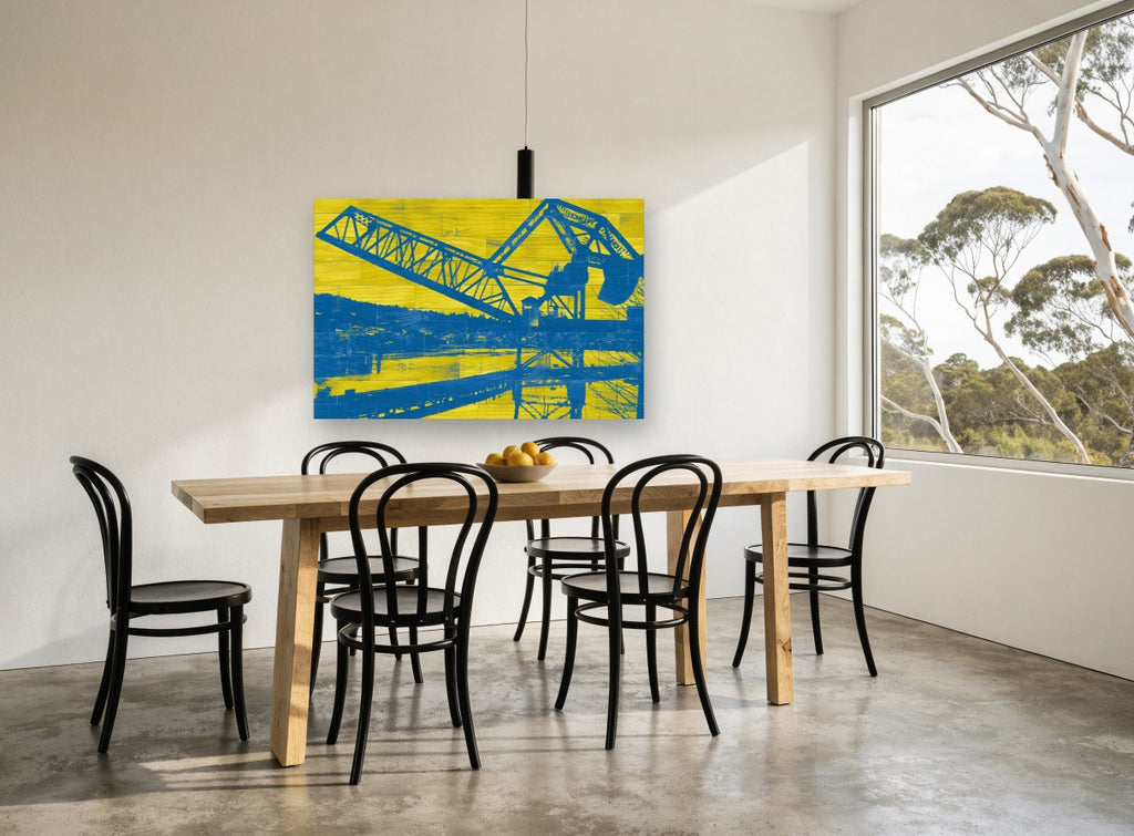 Blue Crane Yellow Planks coastal canvas print on the wall of a dining room