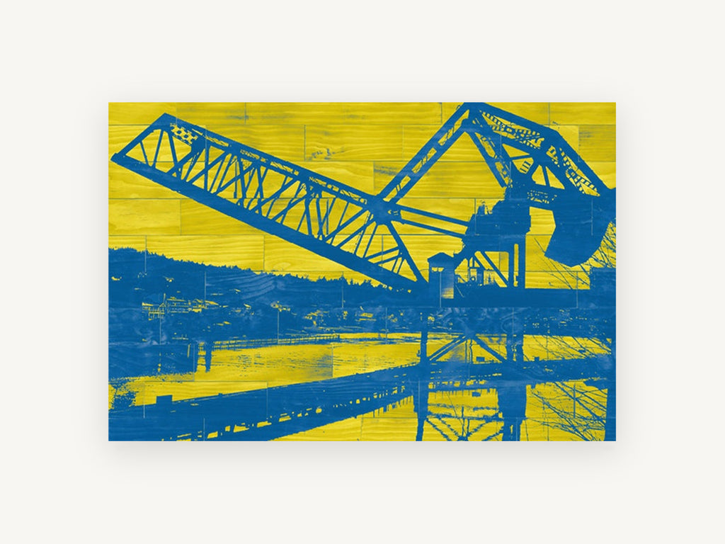 Blue Crane Yellow Planks, coastal canvas wall art print, front view