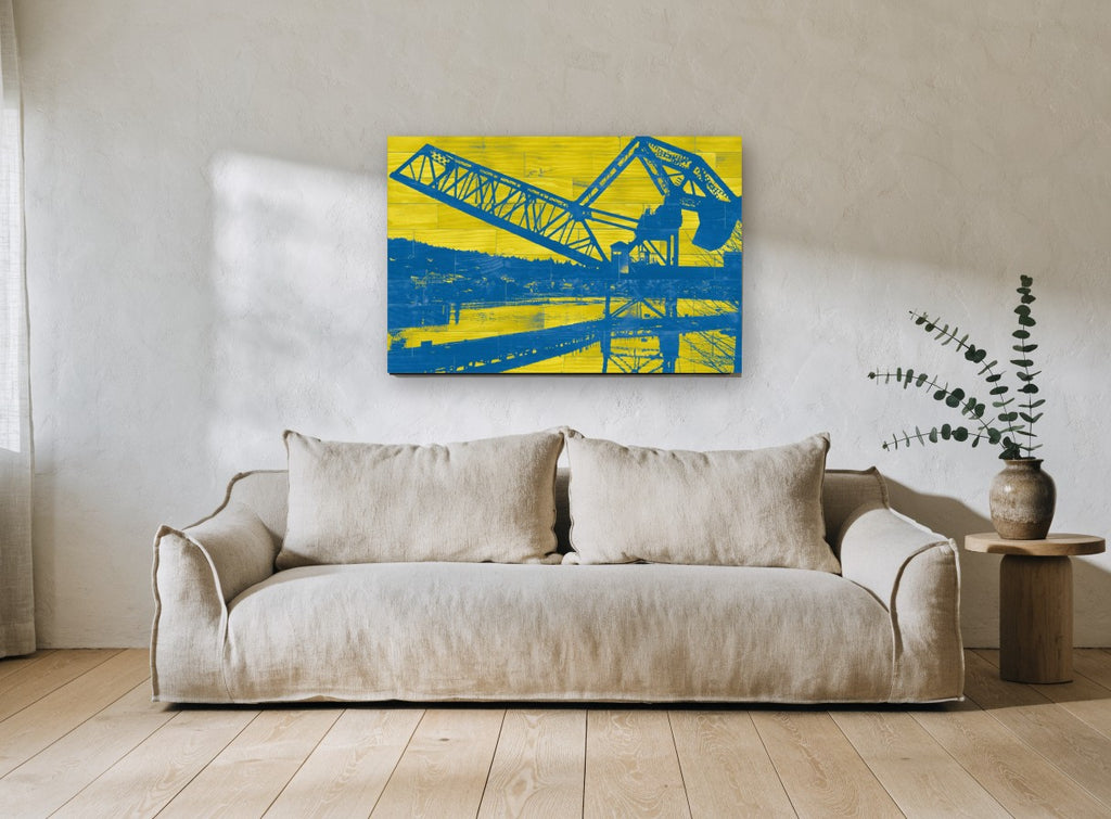 Blue Crane Yellow Planks coastal canvas print on the wall of a living room