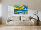 Blue Crane Yellow Planks coastal canvas print on the wall of a living room