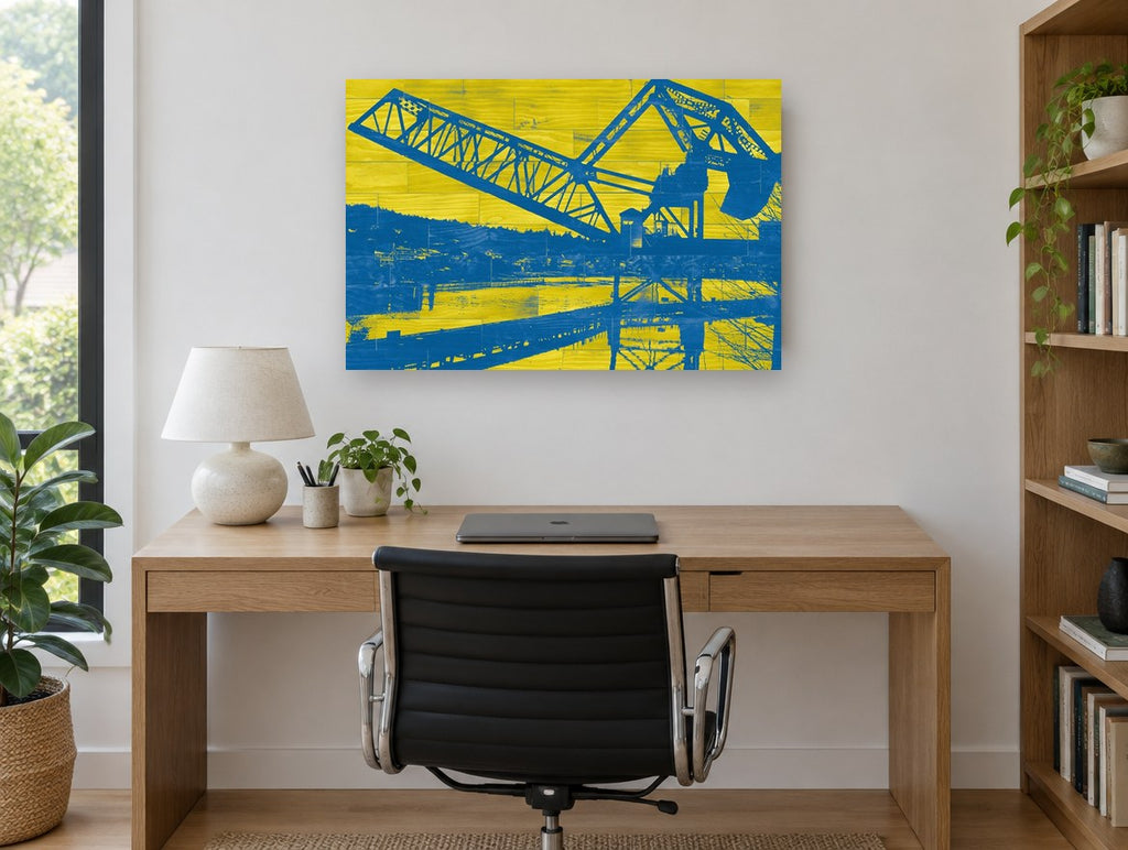 Blue Crane Yellow Planks coastal canvas print on the wall of a study