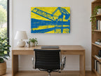 Blue Crane Yellow Planks coastal canvas print on the wall of a study