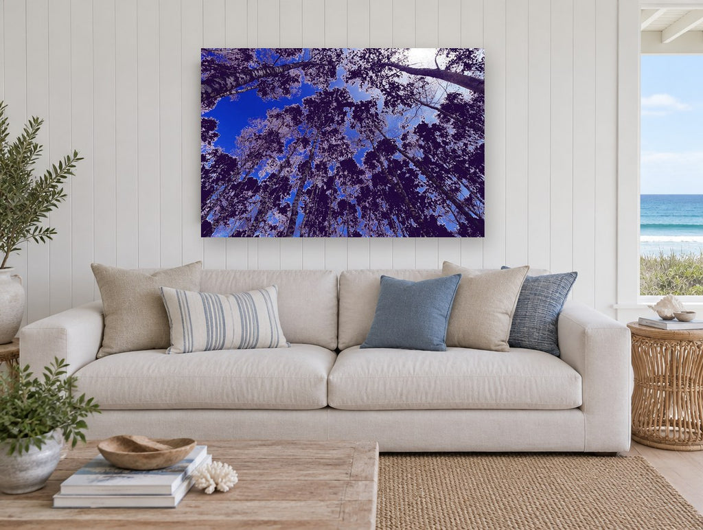 Violet Canopy Skyward landscape canvas print on the wall of a beach house living room