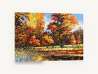 Autumn Pond Glow, autumn trees beside pond painting, landscape canvas wall art print ready to hang