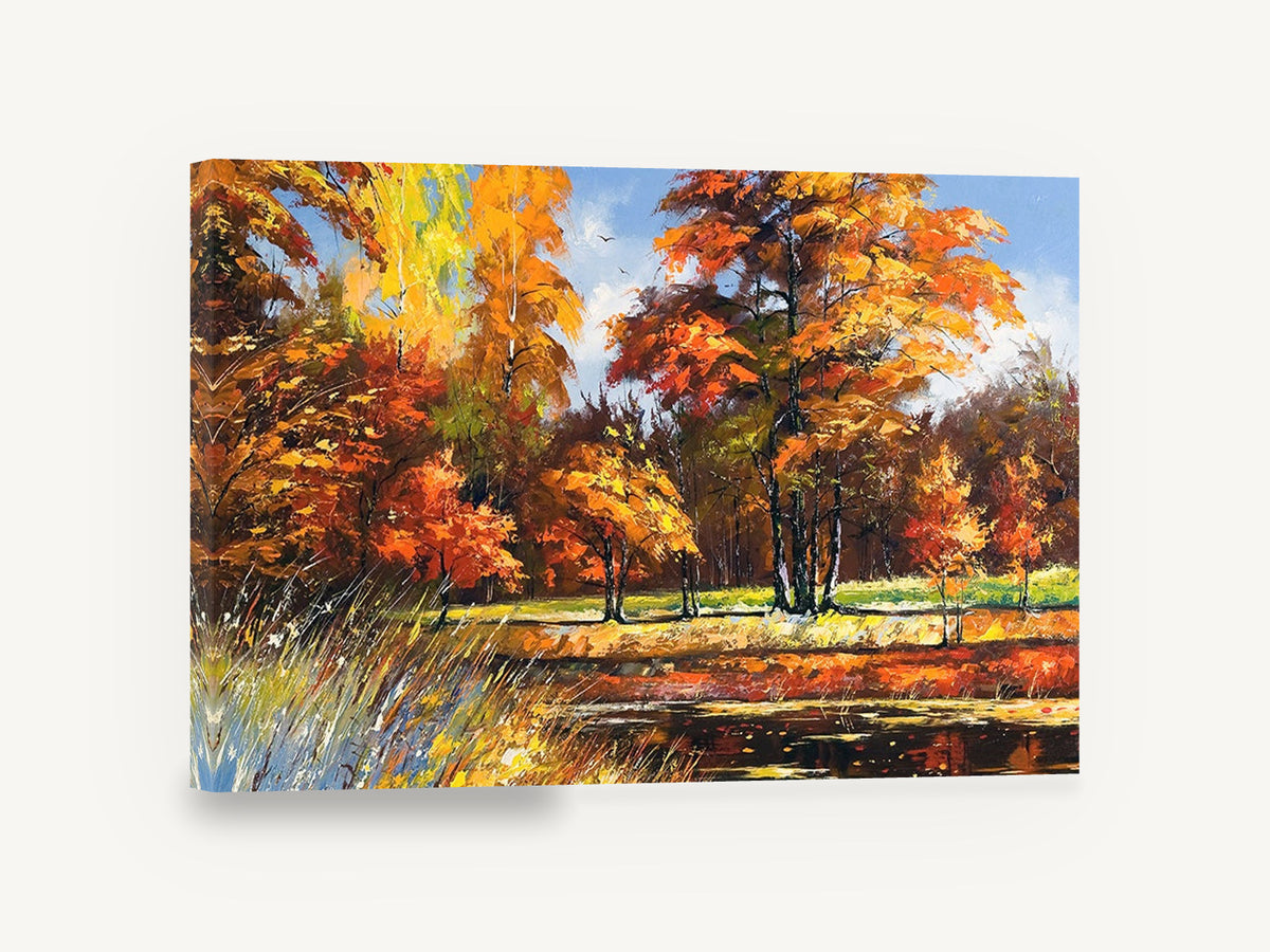 Autumn Pond Glow, autumn trees beside pond painting, landscape canvas wall art print ready to hang