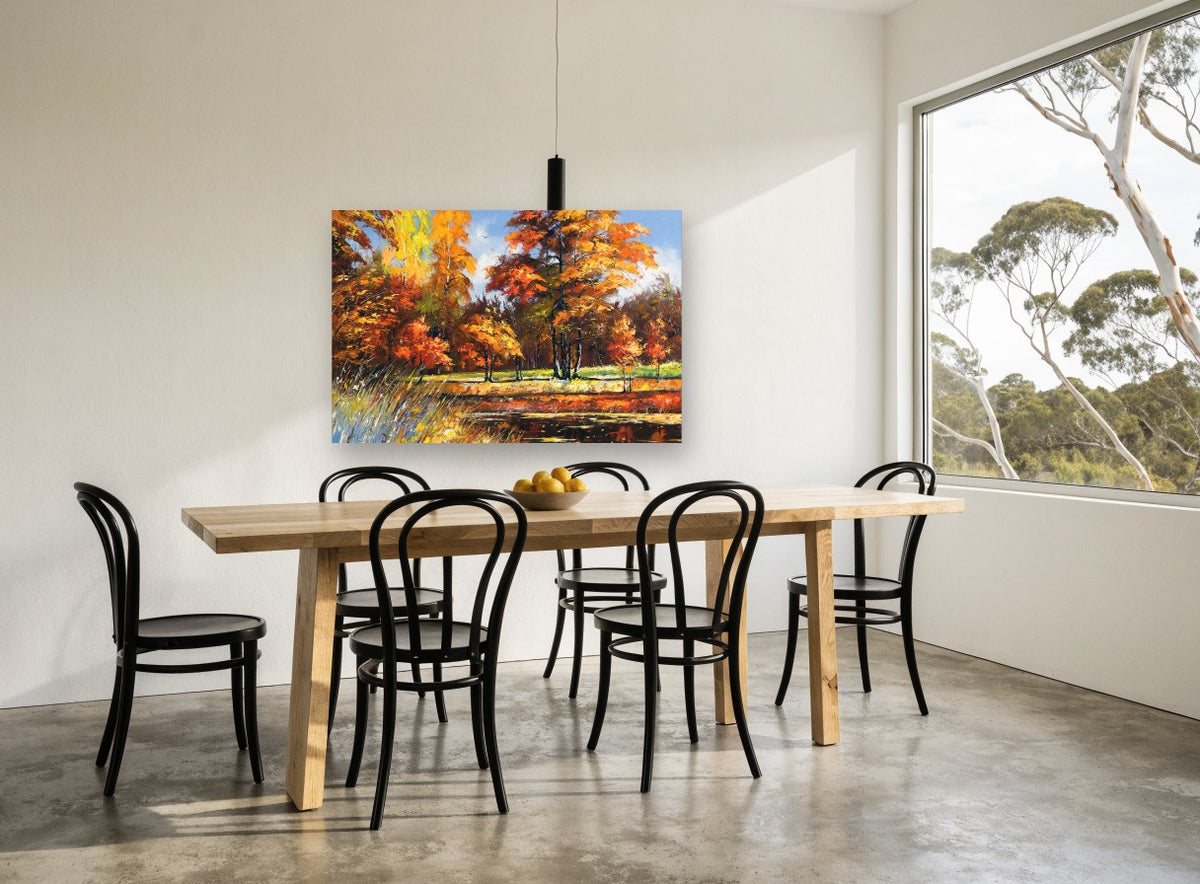 Autumn Pond Glow landscape canvas print on the wall of a dining room