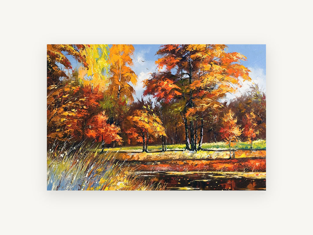 Autumn Pond Glow, autumn trees beside pond painting, landscape canvas wall art print, front view