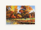 Autumn Pond Glow, autumn trees beside pond painting, landscape canvas wall art print, front view