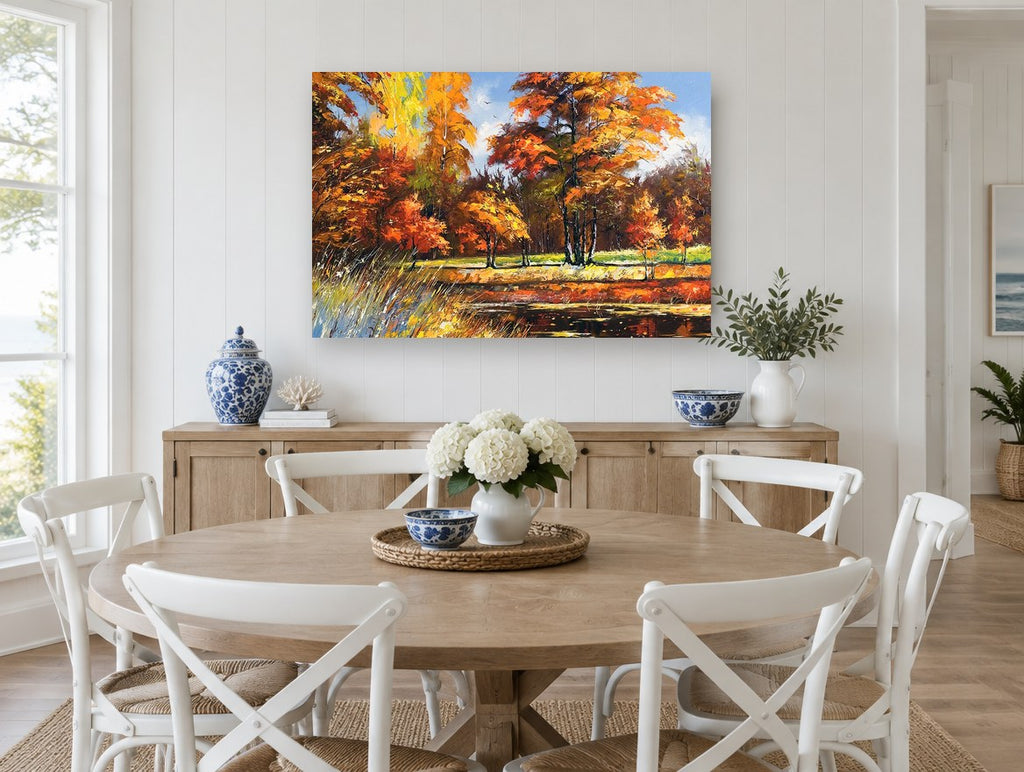 Autumn Pond Glow landscape canvas print on the wall of a Hamptons dining room