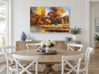 Autumn Pond Glow landscape canvas print on the wall of a Hamptons dining room