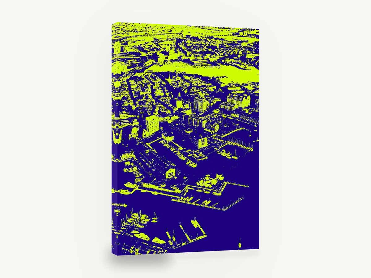 Boston Harbour Neon Aerial, boston harbour aerial pop art, coastal canvas wall art print ready to hang