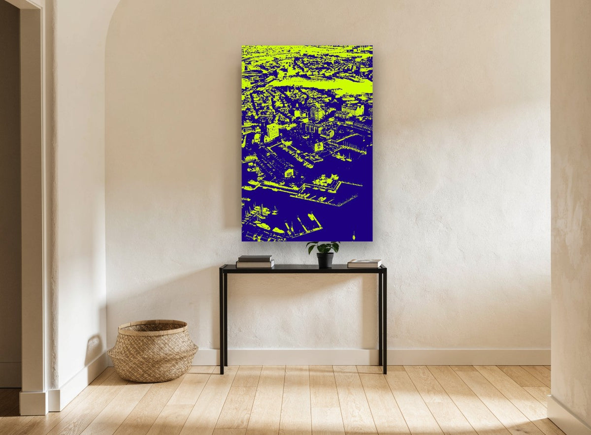 Boston Harbour Neon Aerial coastal canvas print on the wall of a hallway