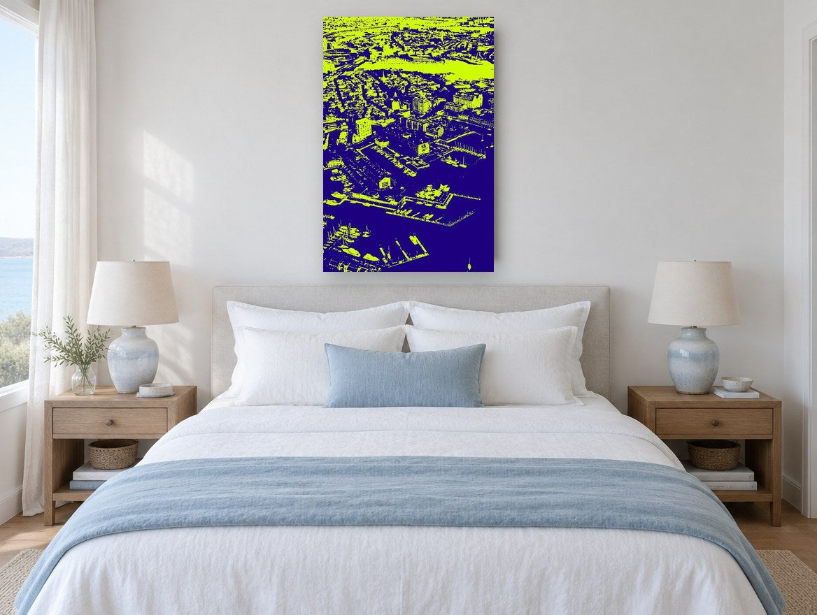 Boston Harbour Neon Aerial coastal canvas print on the wall of a coastal bedroom