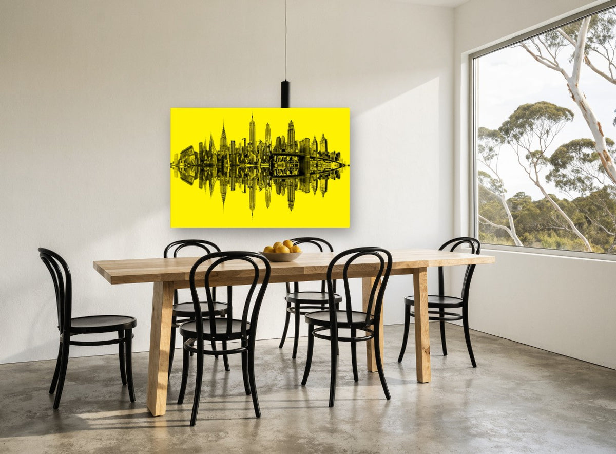 New York Yellow Mirror city canvas print on the wall of a dining room