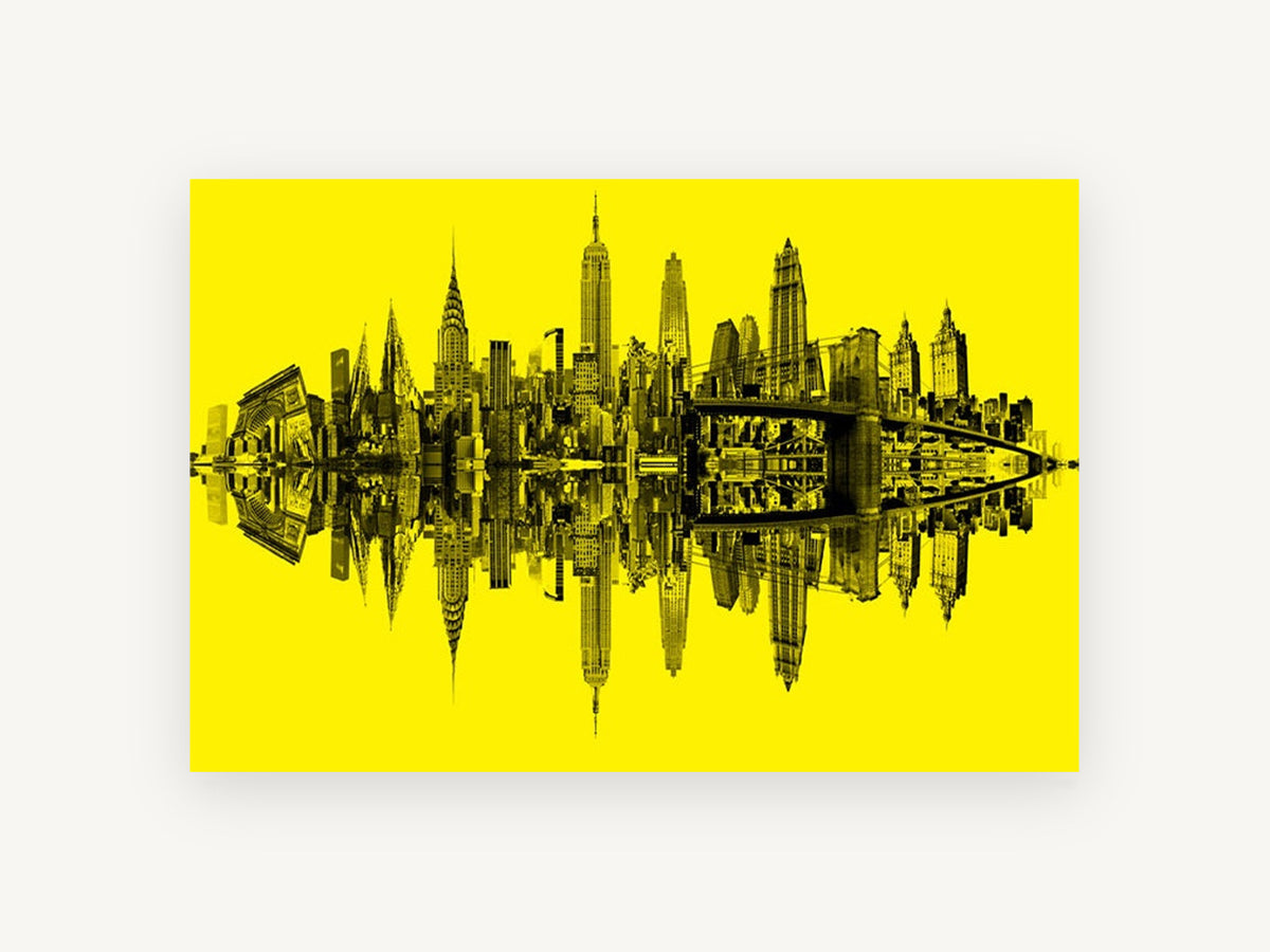 New York Yellow Mirror, new york skyline yellow mirrored, city canvas wall art print, front view