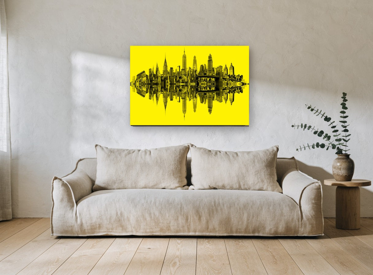 New York Yellow Mirror city canvas print on the wall of a living room