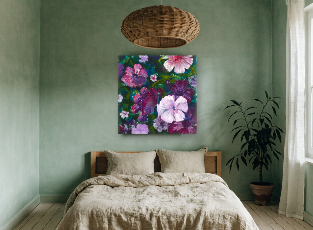 Violet Garden Bloom floral canvas print on the wall of a bedroom