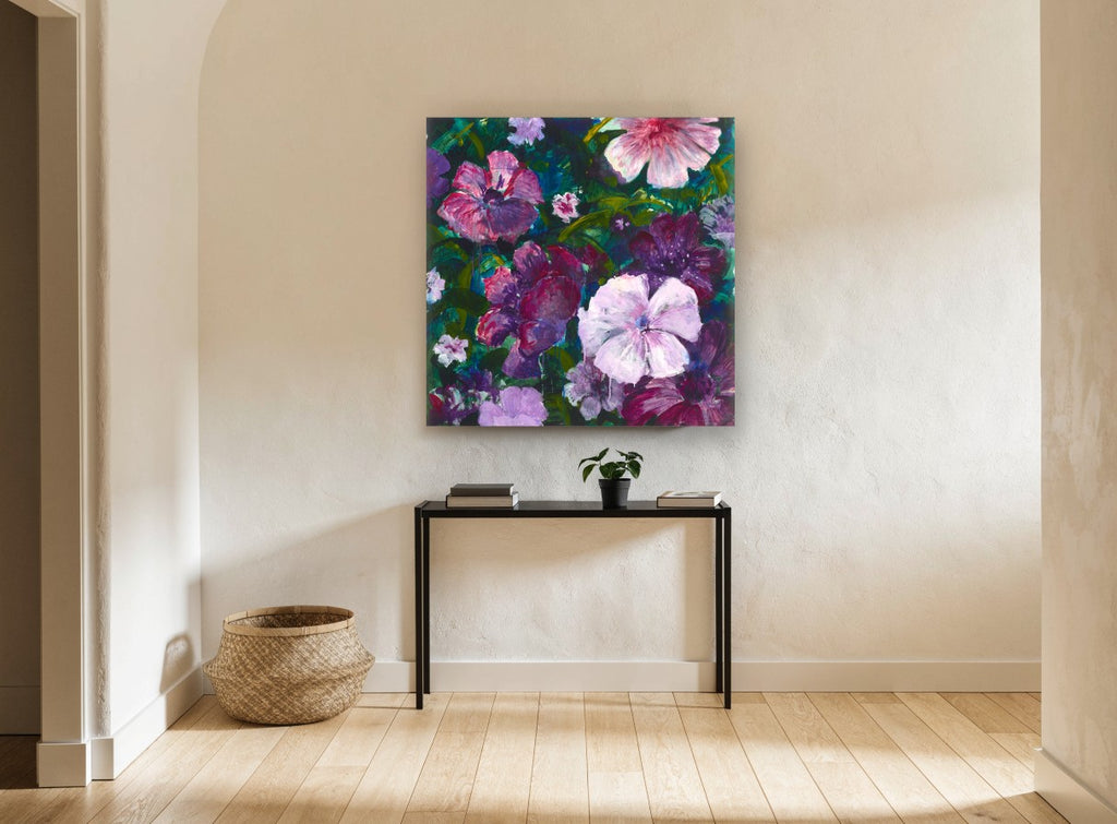 Violet Garden Bloom floral canvas print on the wall of a hallway