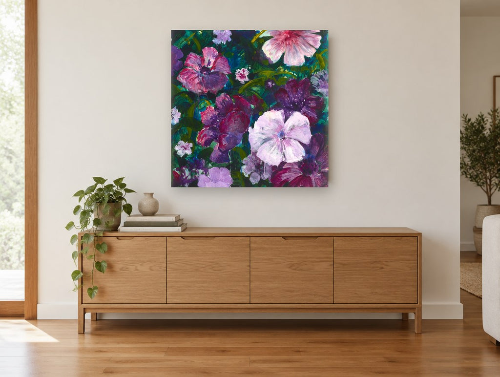 Violet Garden Bloom floral canvas print on the wall of a living room above a sideboard
