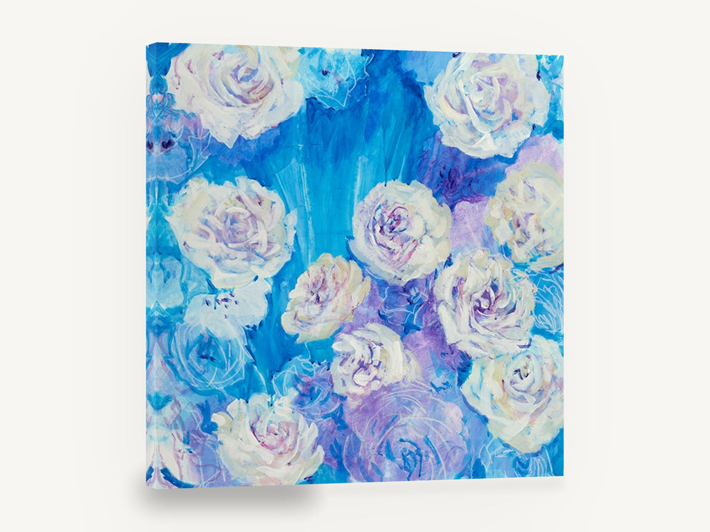 Blue Rose Burst, white roses on blue acrylic floral, floral canvas wall art print ready to hang