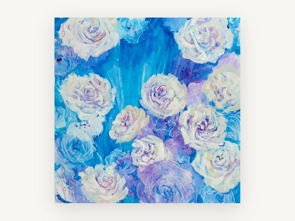 Blue Rose Burst, floral canvas wall art print, front view