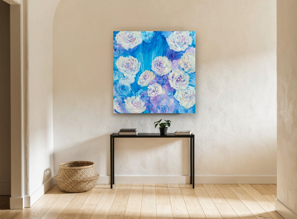 Blue Rose Burst floral canvas print on the wall of a hallway