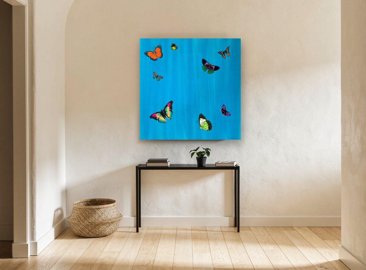 Butterflies on Cerulean animal canvas print on the wall of a hallway