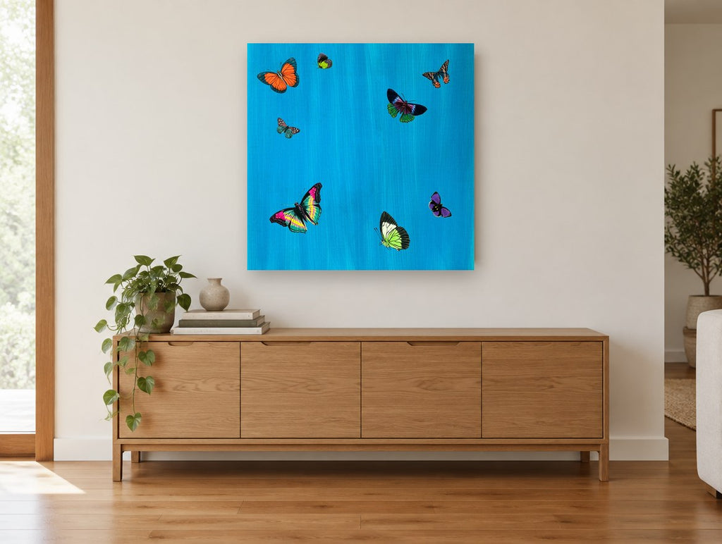 Butterflies on Cerulean animal canvas print on the wall of a living room above a sideboard