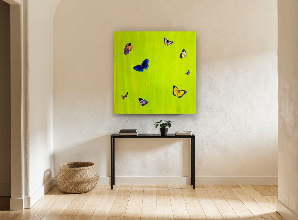 Butterflies on Lime animal canvas print on the wall of a hallway