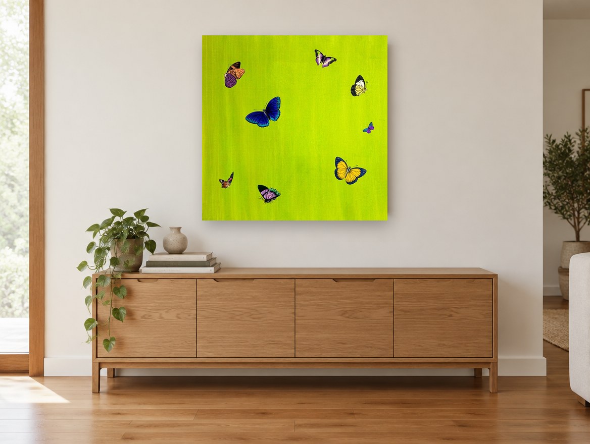 Butterflies on Lime animal canvas print on the wall of a living room above a sideboard