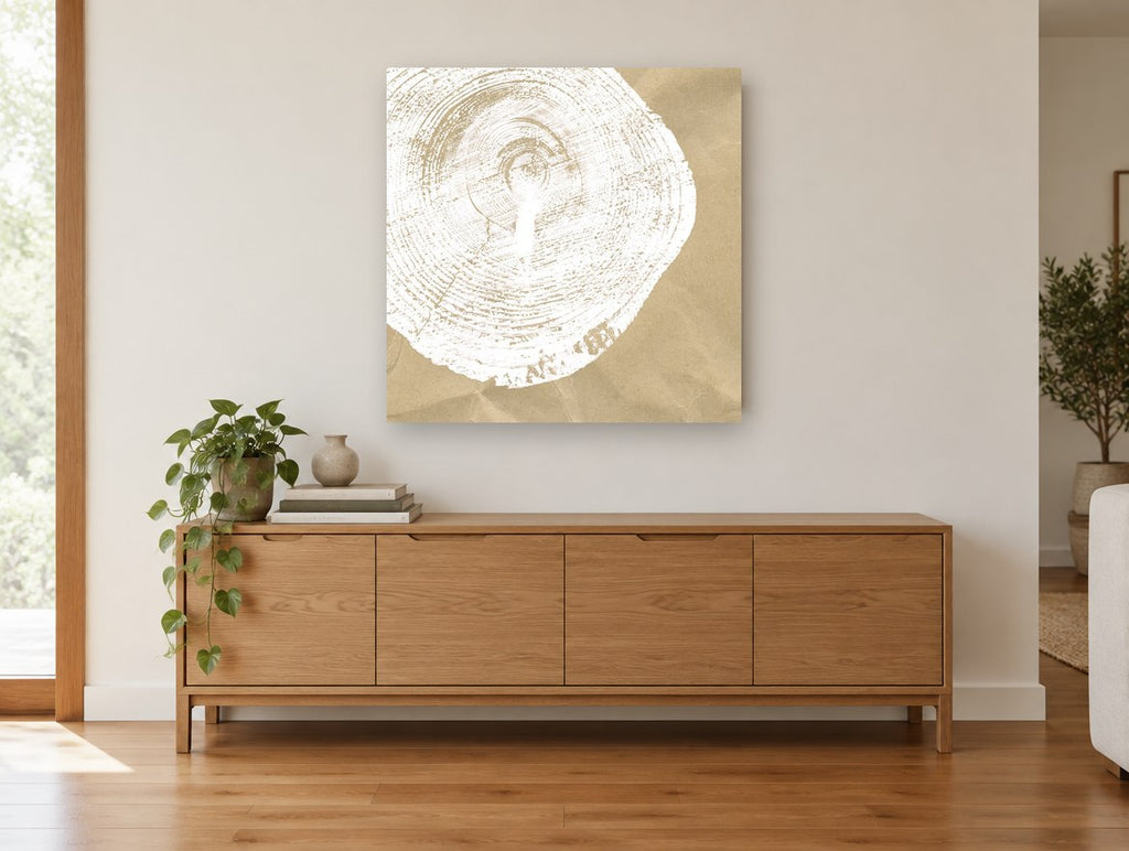 Tree Ring Impression floral canvas print on the wall of a living room above a sideboard