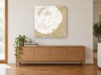Tree Ring Impression floral canvas print on the wall of a living room above a sideboard