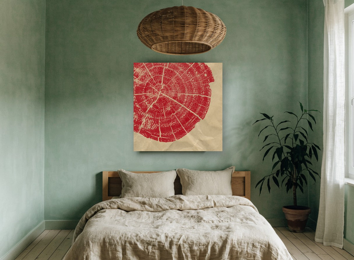 Red Tree Ring Print floral canvas print on the wall of a bedroom