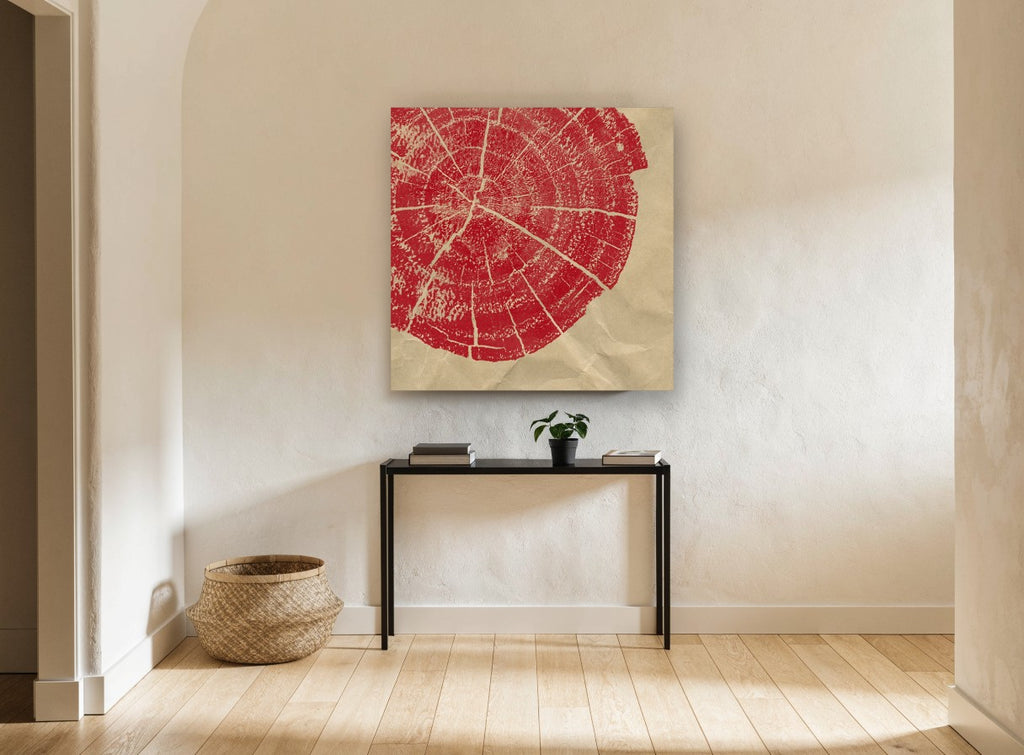 Red Tree Ring Print floral canvas print on the wall of a hallway