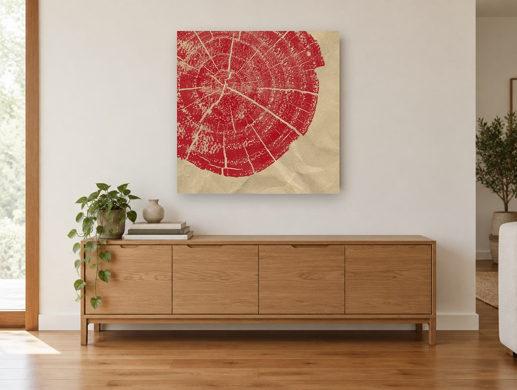 Red Tree Ring Print floral canvas print on the wall of a living room above a sideboard