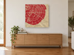 Red Tree Ring Print floral canvas print on the wall of a living room above a sideboard